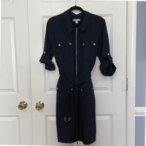 Classic‎ Navy White Pinstripe Belted Shirt Dress Size 14 Timeless Career Casual